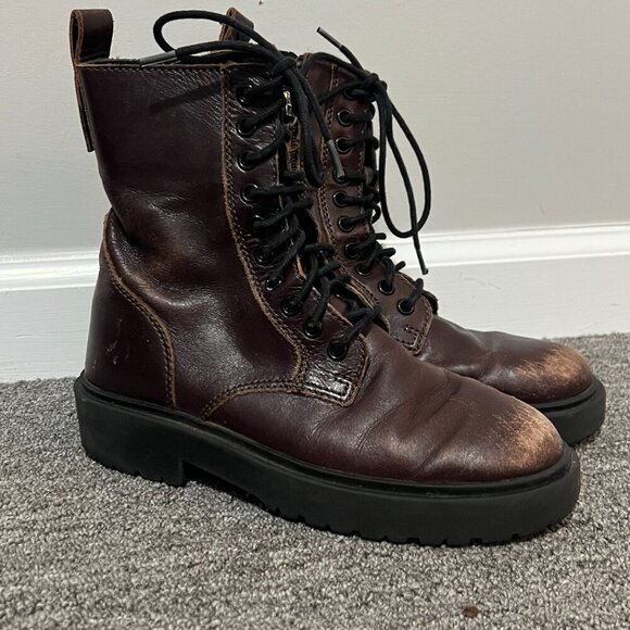 Zara Boots Size 36 Women's Distressed Combat Brown Lace Up Mid Calf Side Zip - Picture 1 of 7